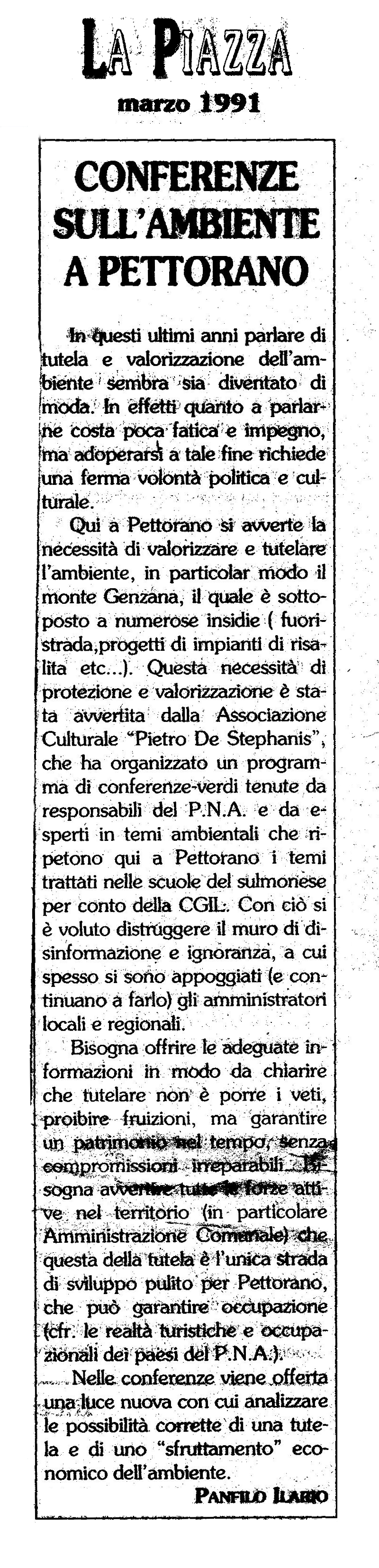 1991.03 La Piazza  articolo su conferenze ambiante